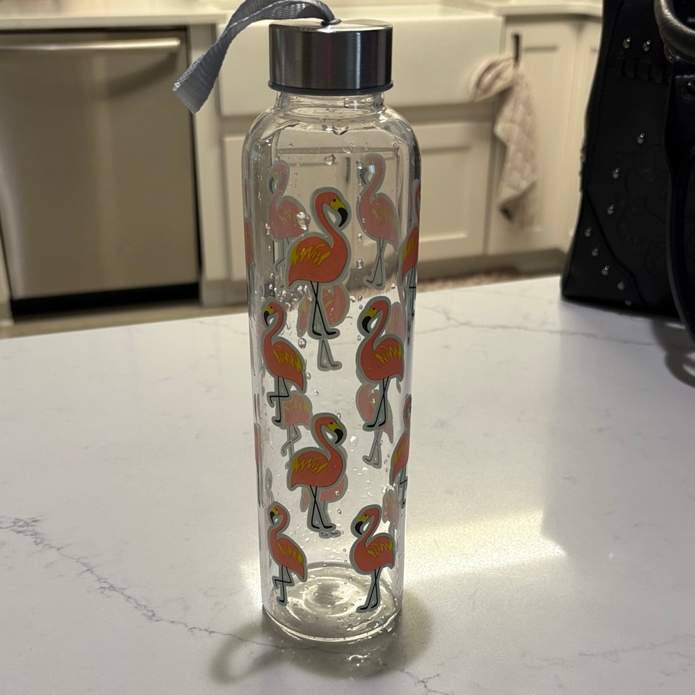 Flamingo Print Glass Water Bottle
